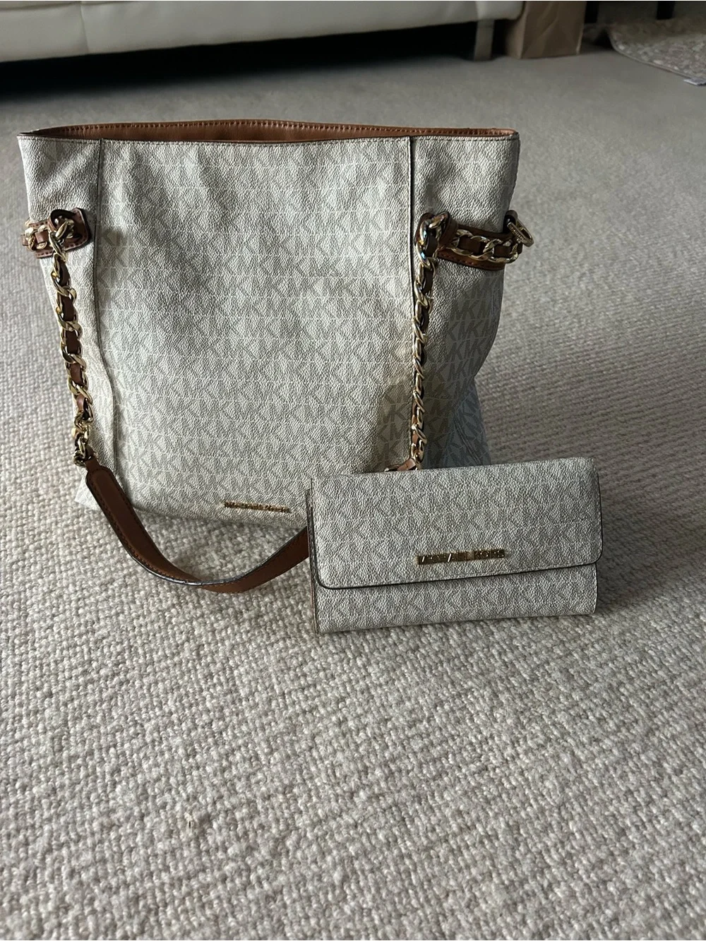 Michael Kors Cream & Brown Chain-Handle Tote with Matching Wallet